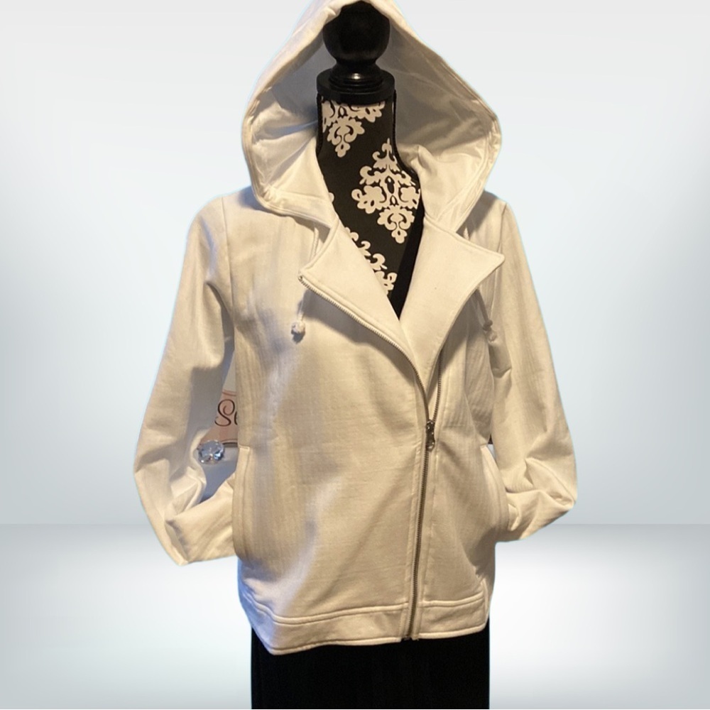 Barefoot Dreams MC Jacquard Fleece Moto Jacket Hood White Size L NWT